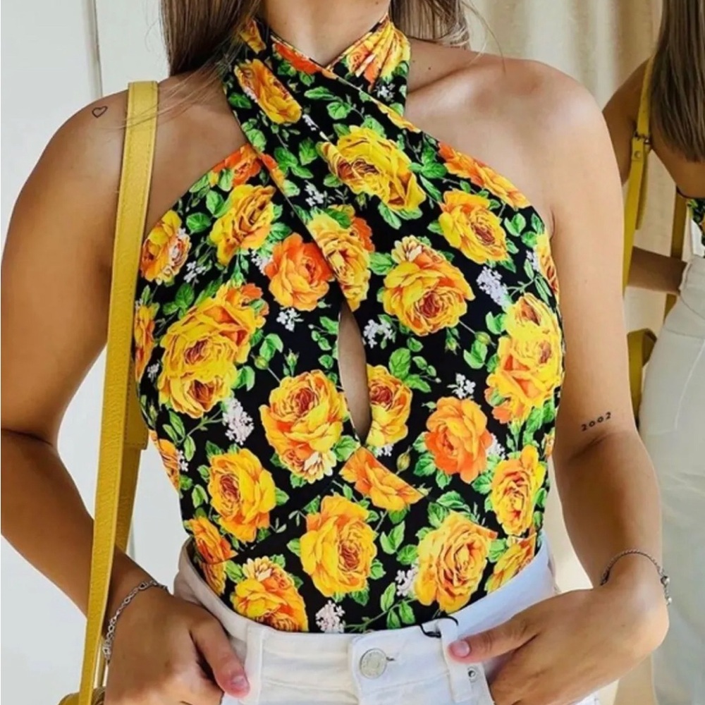 Zara Bodysuit M Yellow Black Twist Neck Floral Halter Keyhole Top Summer Beach M